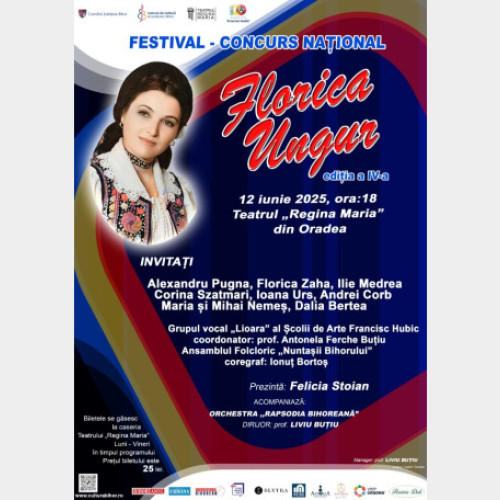 festivalul-concurs național "Florica Ungur" ajunge la ediția a IV-a, eveniment care se va desfășura pe scena Teatrului "Regina Maria" din Oradea, în data de 12 iunie, de la ora 18:00. Potrivit crisana.ro, evenimentul pune în valoare tineri interpreți de muzică tradițională cu vârste între 16 și 25 de ani, fiind o tradiție care adună anual talente din toate colțurile țării pentru a celebra patrimoniul folcloric românesc.